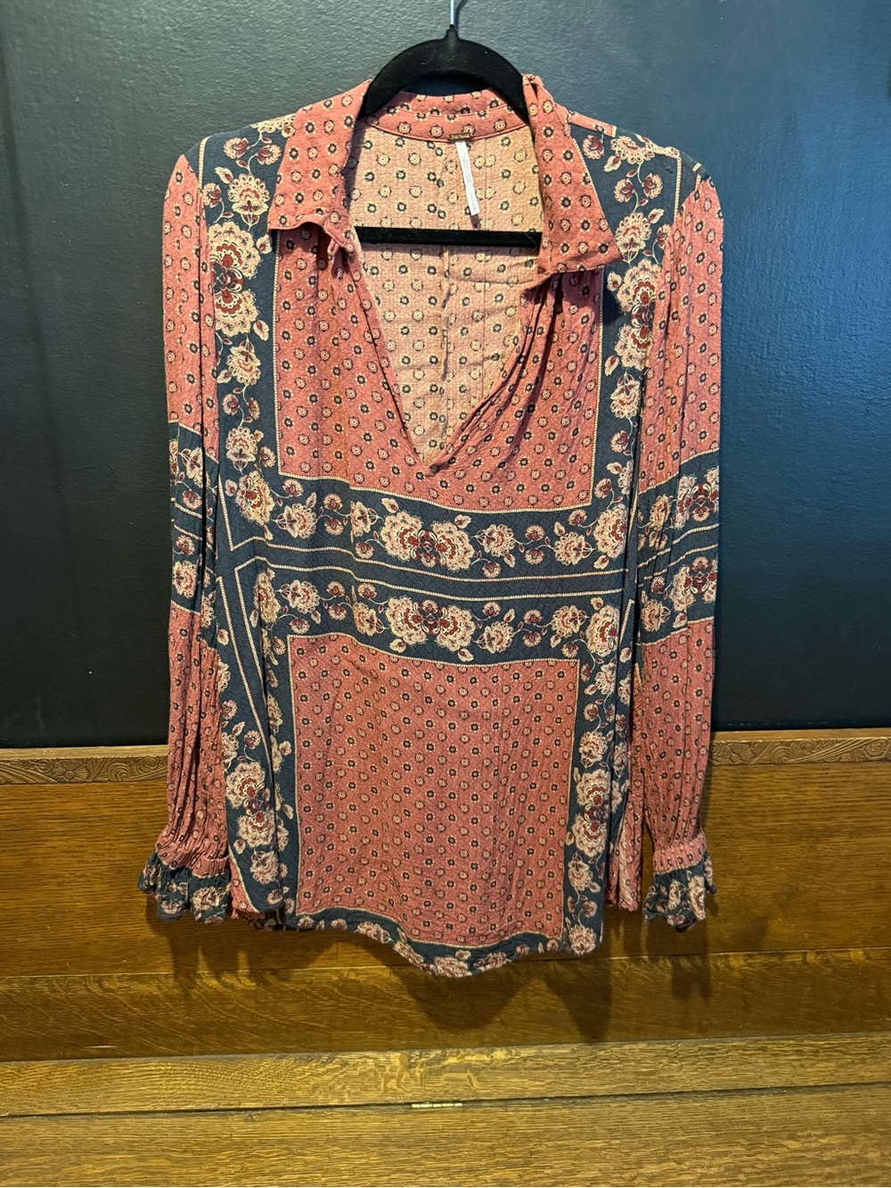 Free People Dusty Rose & Navy Floral Patchwork Blouse